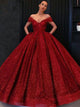 Off Shoulder Red Sparkly Ball Gown Sequins Prom Dresses