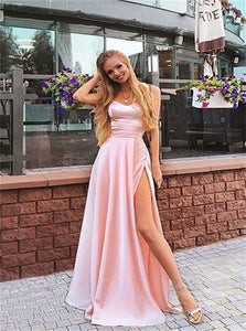  A Line Sweetheart Satin Pink Prom Dresses with High Slit 