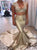 Mermaid V Neck Gold Satin Prom Dresses with Appliques