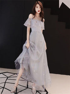 A Line Tulle Tea Length Prom Dresses with Stars