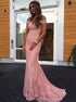 Mermaid Off Shoulder Pink Lace Prom Dresses LBQ3147