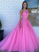 A Line Halter Pink Lace Tulle Prom Dresses 