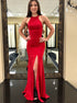 Sheath Scoop Sweep Train Red Elastic Satin Prom Dress with Split LBQ1505