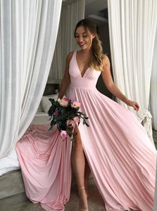 Pink Chiffon Pleats Prom Dresses with Sweep Train