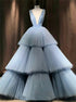 Pale Blue Pleat Tulle V Neck Tiered A Line Floor Length Prom Dresses LBQ1763