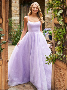 A Line Spaghetti Straps Tulle Lilac Lace Up Prom Dresses