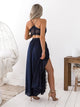 Navy Blue Two Piece Spaghetti Straps Floor Length Prom Dresses with Slit