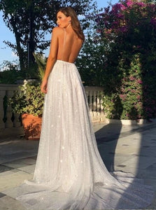 A Line Sweep Train Sleeveless Prom Dresses