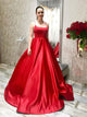 A Line Red Lace Up Satin Prom Dresses with Pleats