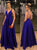 A Line V Neck Dark Blue Backless Chiffon Prom Dresses