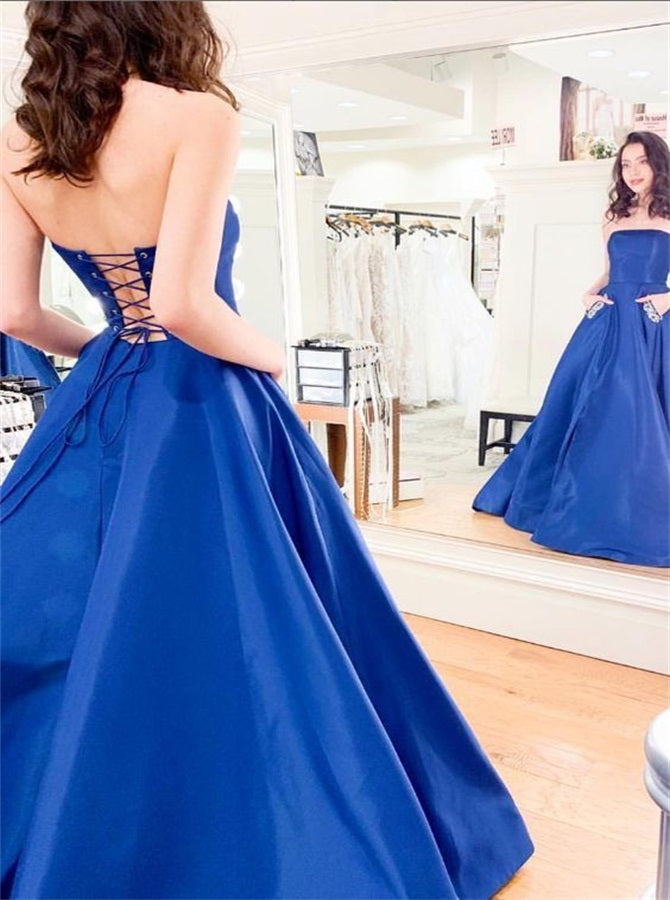 A Line Strapless Satin Lace Up Prom Dresses with Pockets | Alinepromdress A Line Strapless Satin Lace Up Prom Dresses with Pockets | Alinepromdress