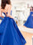 A Line Strapless Blue Satin Lace Up Prom Dresses