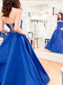 A Line Strapless Blue Satin Lace Up Prom Dress with Pocket LBQ3011