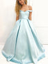 Light Blue A Line Brush Train Off Shoulder Sweetheart Sleeveless Prom Dresses LBQ2406