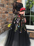 A Line Two Pieces Long Sleeves Appliques Tulle Prom Dresses with Flowers LBQ3272