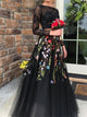 A Line Two Pieces Long Sleeves Appliques Tulle Prom Dresses with Flowers