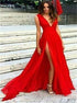 A Line V Neck Slit Red Chiffon Prom Dress LBQ2961