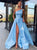 Sweep Train Satin Blue Sleeveless Prom Dresses