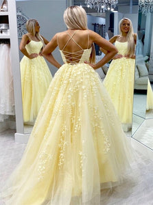 A Line Tulle Appliques Prom Dress with Sweep Train