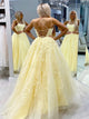 A Line Tulle Appliques Prom Dress with Sweep Train