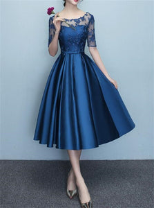 Blue Half Sleeves Satin Prom Dresses with Appliques