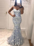 Spaghetti Straps V Neck Mermaid Tulle Prom Dress with Lace Appliques LBQ2471