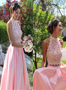 Pink Two Piece Open Back Satin Appliques Prom Dress