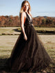 A Line Tulle V Neck Black Backless Prom Dresses