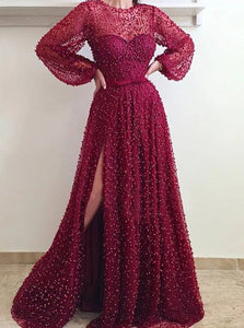 A Line Scoop Long Sleeves Tulle Beadings Prom Dresses