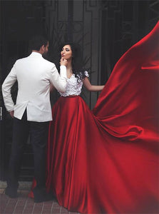 A Line Two Piece Red Off the Shoulder Satin Appliques Prom Dresses