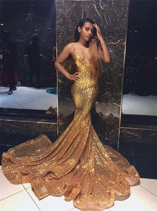Mermaid Gold Sequins V Neck Pleats Prom Dresses 