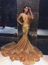 Mermaid Gold Sequins V Neck Pleats Prom Dress LBQ2835