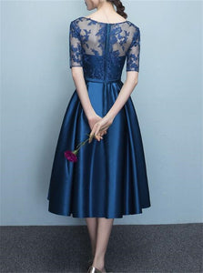 Blue Half Sleeves Tea Length Satin Prom Dresses