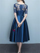 Blue Half Sleeves Tea Length Satin Prom Dresses