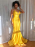 Mermaid Yellow Spaghetti Straps V Neck Ruffle Satin Prom Dresses LBQ2439