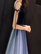 Floor Length Tulle Velvet Blue Prom Dresses with Pleats