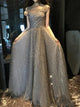 Off Shoulder Gold A Line Tulle Prom Dresses