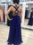 Sweep Train Blue Evening Dresses with Slit