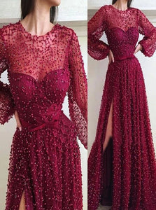 Burgundy Sweep Train Evening Dresses with Slit