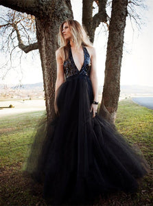 Sweep Train Black Evening Dresses