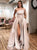 A Line Strapless Satin Champagne Prom Dresses With Split