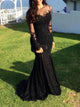 Black Long Sleeves Lace Applique Mermaid Tulle Prom Dresses