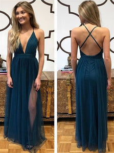 A Line Spaghetti Straps Blue Tulle Criss Cross Prom Dresses