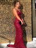 Sequined V Neck Spaghetti Straps Backless Mermaid Prom Dresses LBQ2386