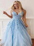 Light Blue A Line Spaghetti Straps V Neck Tulle Prom Dresses LBQ1955