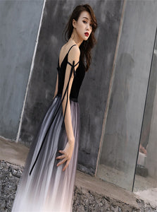 Black Tulle Velvet Open Back Prom Dresses
