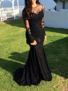 Scoop Sweep Train Black Prom Dresses