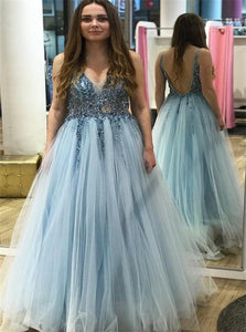 Crystal Beading Tulle Open Back Blue A Line Prom Dresses