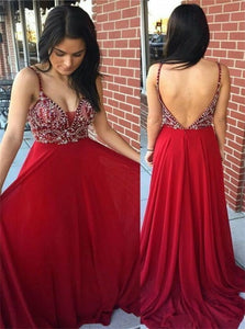 A Line Open Back Beadings Red Prom Dresses