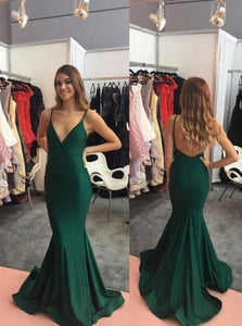 Mermaid Emerald Green Backless Satin Pleats Prom Dresses